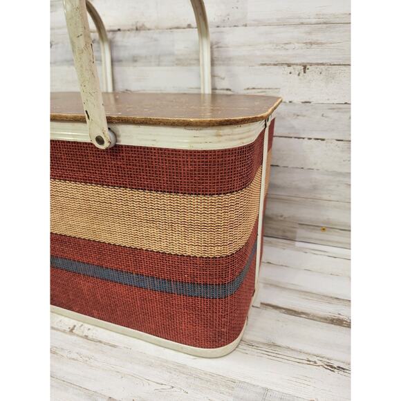 Vintage Red White Blue REDMON Woven Picnic Basket PATRIOTIC Americana Metal Hand - Picture 2 of 12